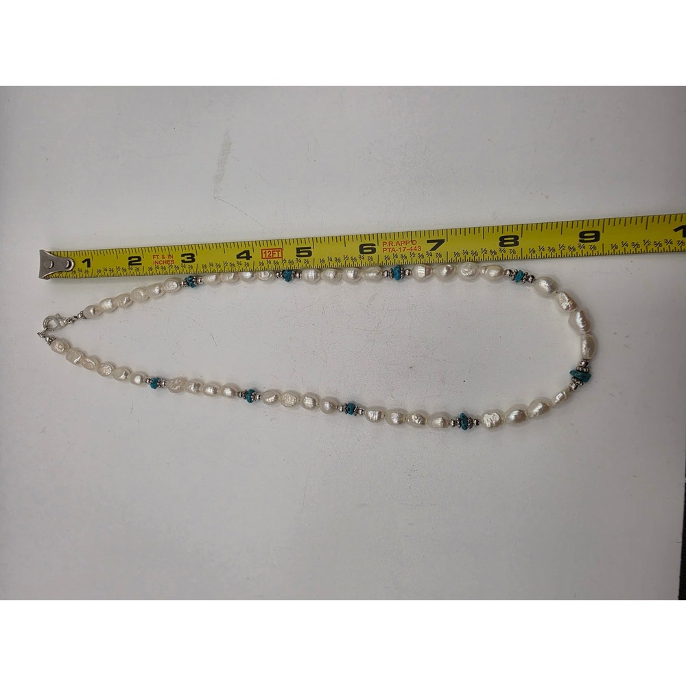 Freshwater Baroque Pearl Necklace Turquoise Accents Silver Tone 18 Inch Beaded - Picture 4 of 4